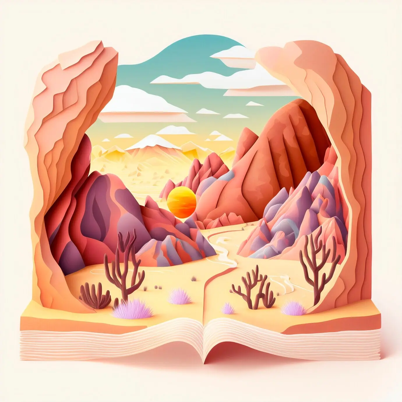 Eine magische Märchenbuchillustration mit einer niedlichen Wüstenlandschaft.